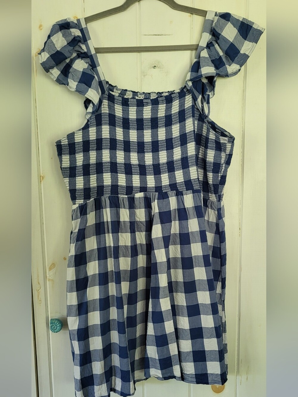Blue & White Gingham Fit & Flare Flutter-Sleeve Mini Dress